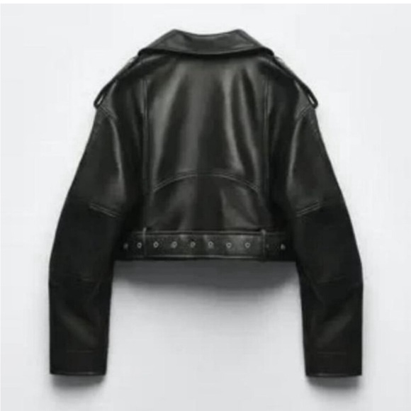 ZARA FAUX LEATHER CROP BIKER JACKET BLACK. Size XL - Picture 12 of 13